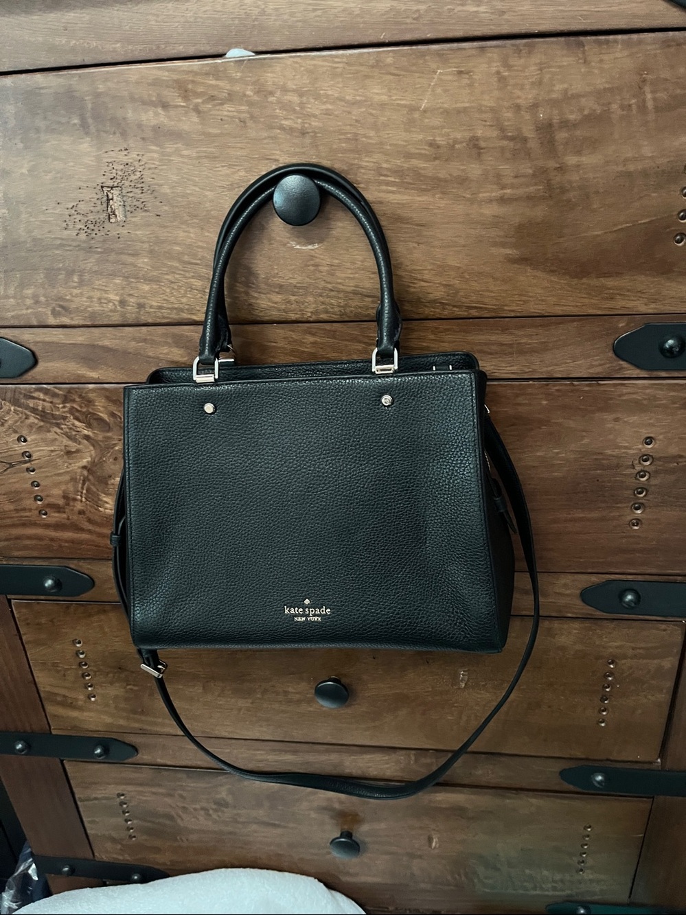kate spade Black Pebbled Leather Double-Handle Satchel with Pink Accent